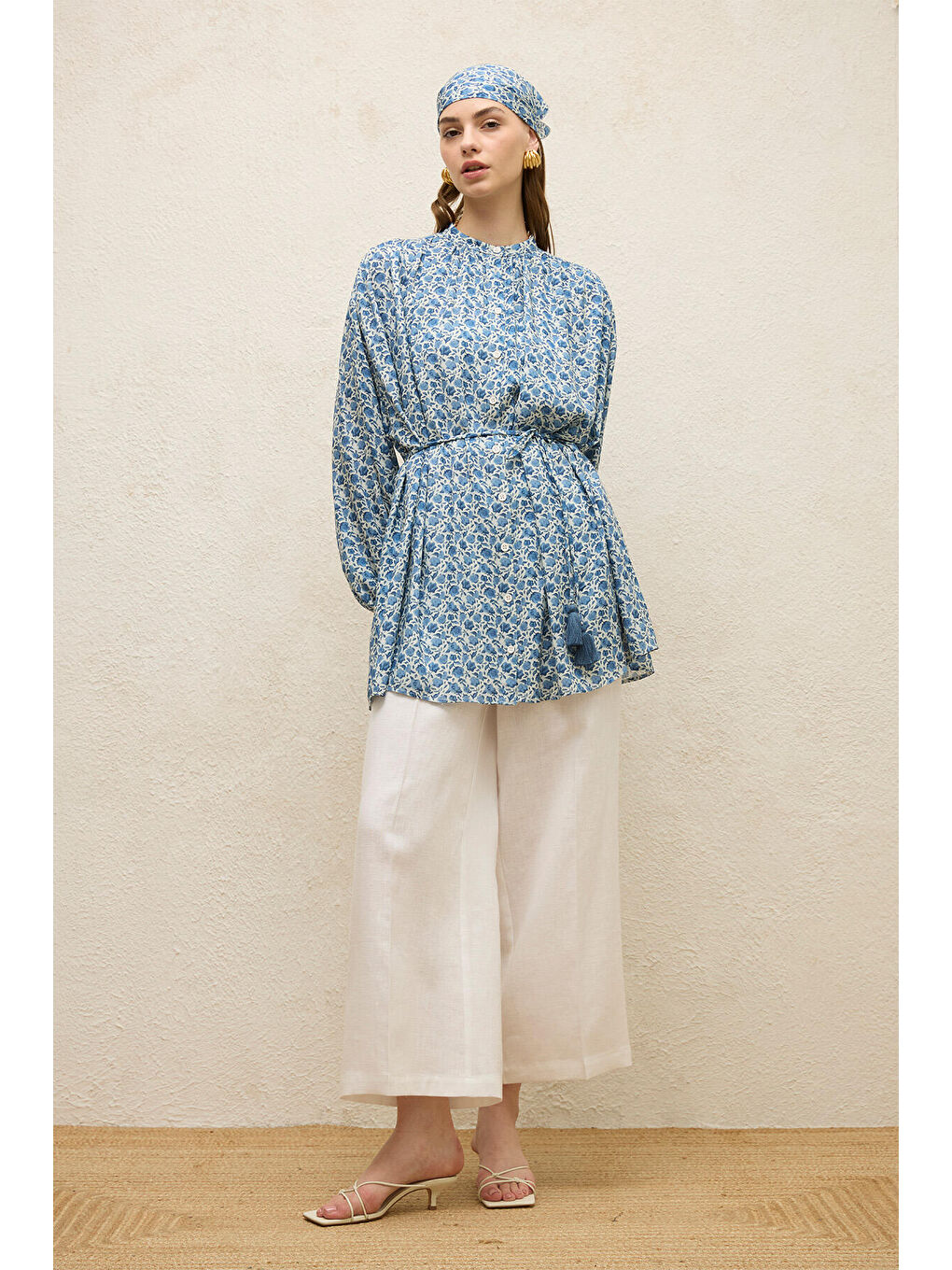 Viskon Desenli Tunik Rose Mavi-5