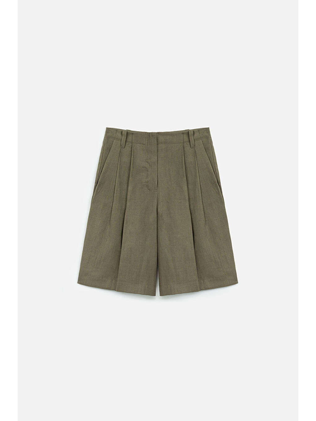 Keten Pileli Bermuda Şort Haki-1