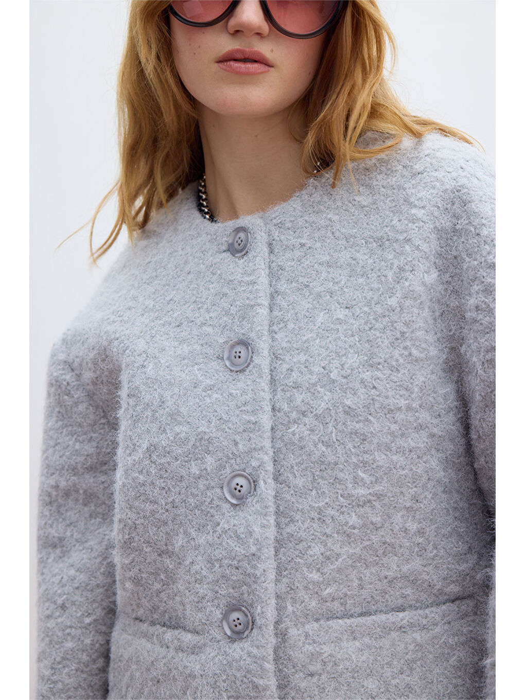 Kalın Kaşe Cepli Kısa Kaban Gri-2