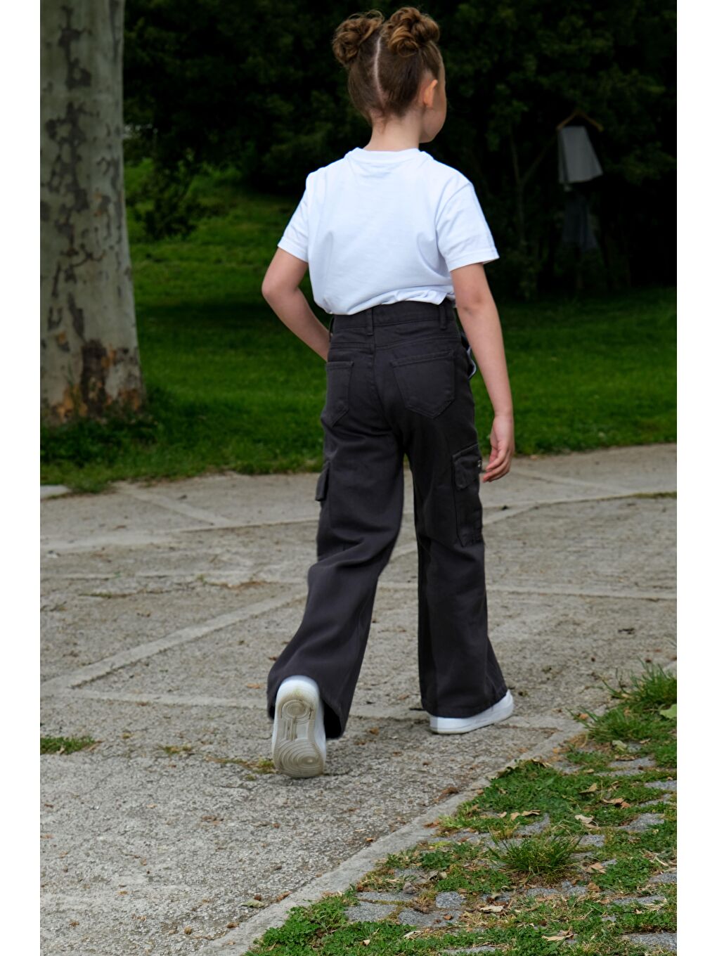 Gri Kız Çocuk İspanyol Paça Keten Kargo Pantolon-4