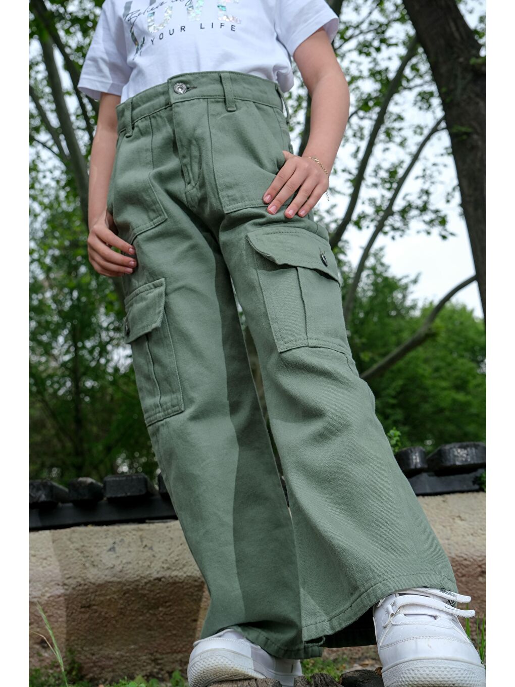 Turkuaz Kız Çocuk İspanyol Paça Keten Kargo Pantolon-3