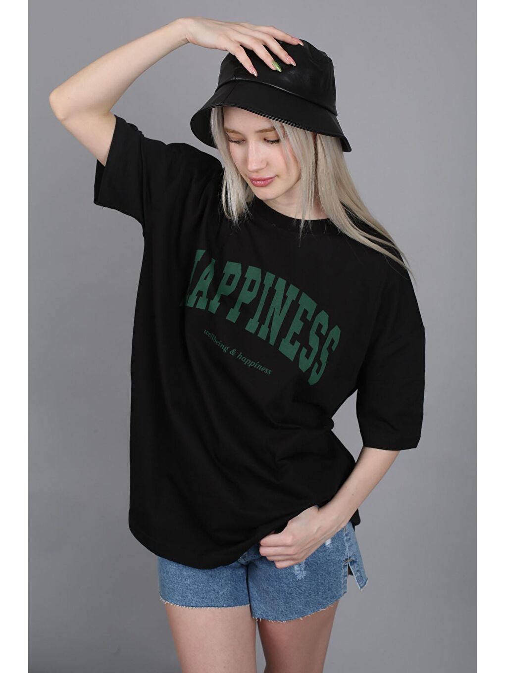 Kadın Siyah Baskılı Oversize Tişört Mg1230-1