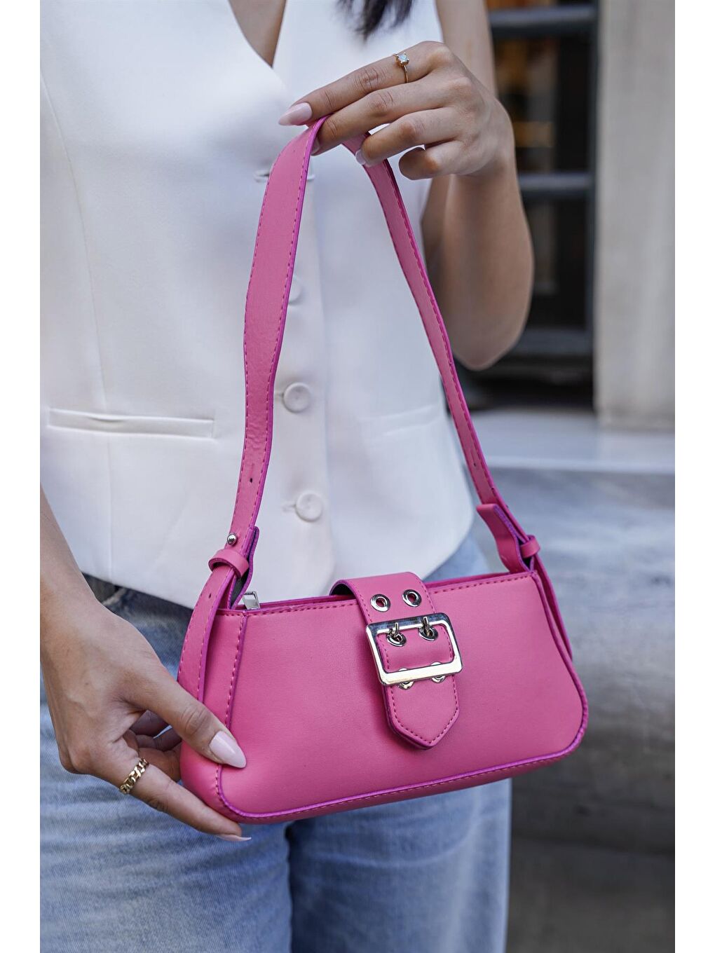 Toka Detaylı Kol Çantası Fuşya-2