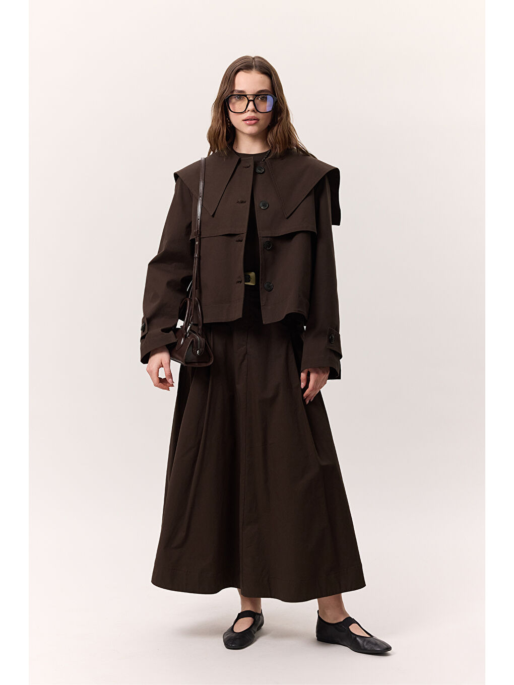 Geniş Yaka Gabardin Ceket Kahverengi-1