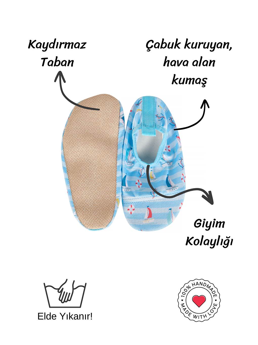 First Step Mavi Yelkenli Çizgili Mavi Erkek Çocuk Kaydırmaz Taban Havuz ve Deniz Patiği-F-9015 - 4