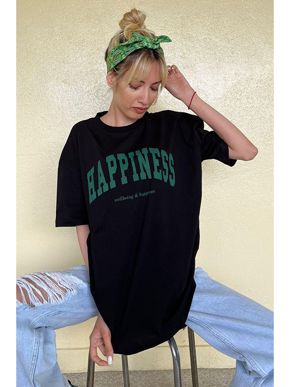 Kadın Siyah Baskılı Oversize Tişört Mg1230-2