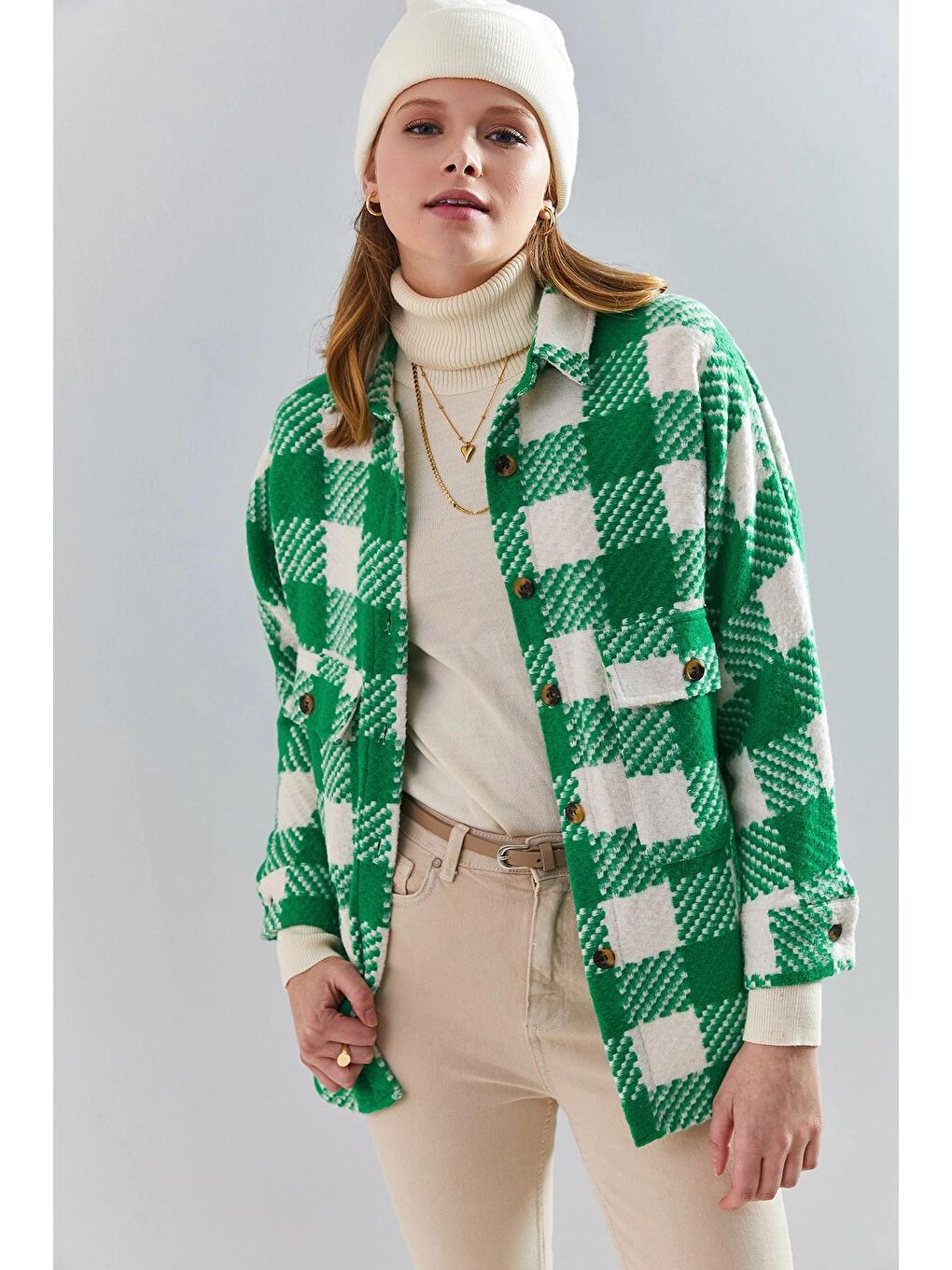 Yeşil Kadın Ekose Desenli Çift Cepli Oduncu Gömlek