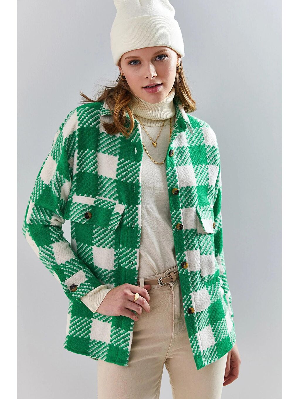 Yeşil Kadın Ekose Desenli Çift Cepli Oduncu Gömlek-1