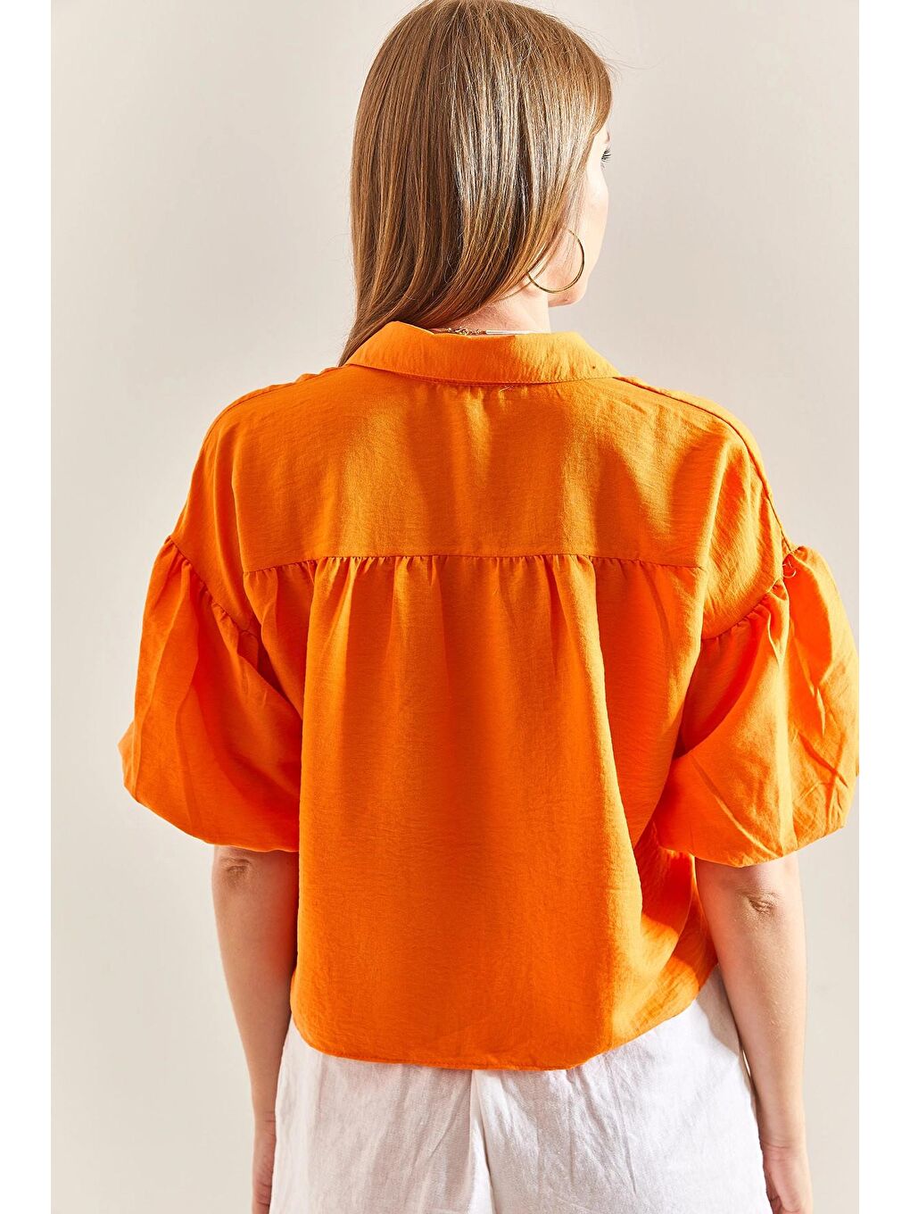 Turuncu Kadın Balon Kol Ayrobin Kumaş Gömlek-1