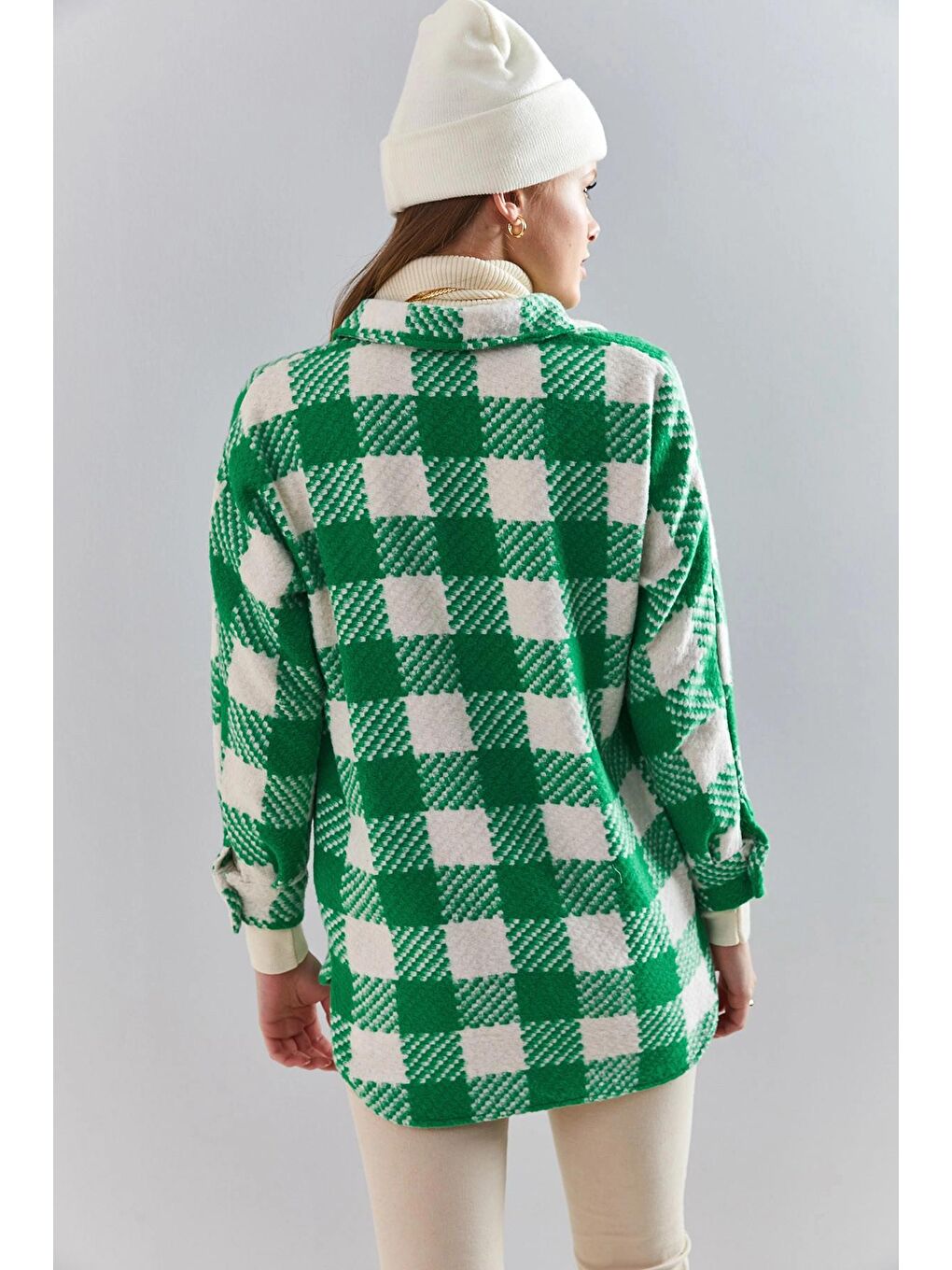Yeşil Kadın Ekose Desenli Çift Cepli Oduncu Gömlek-2
