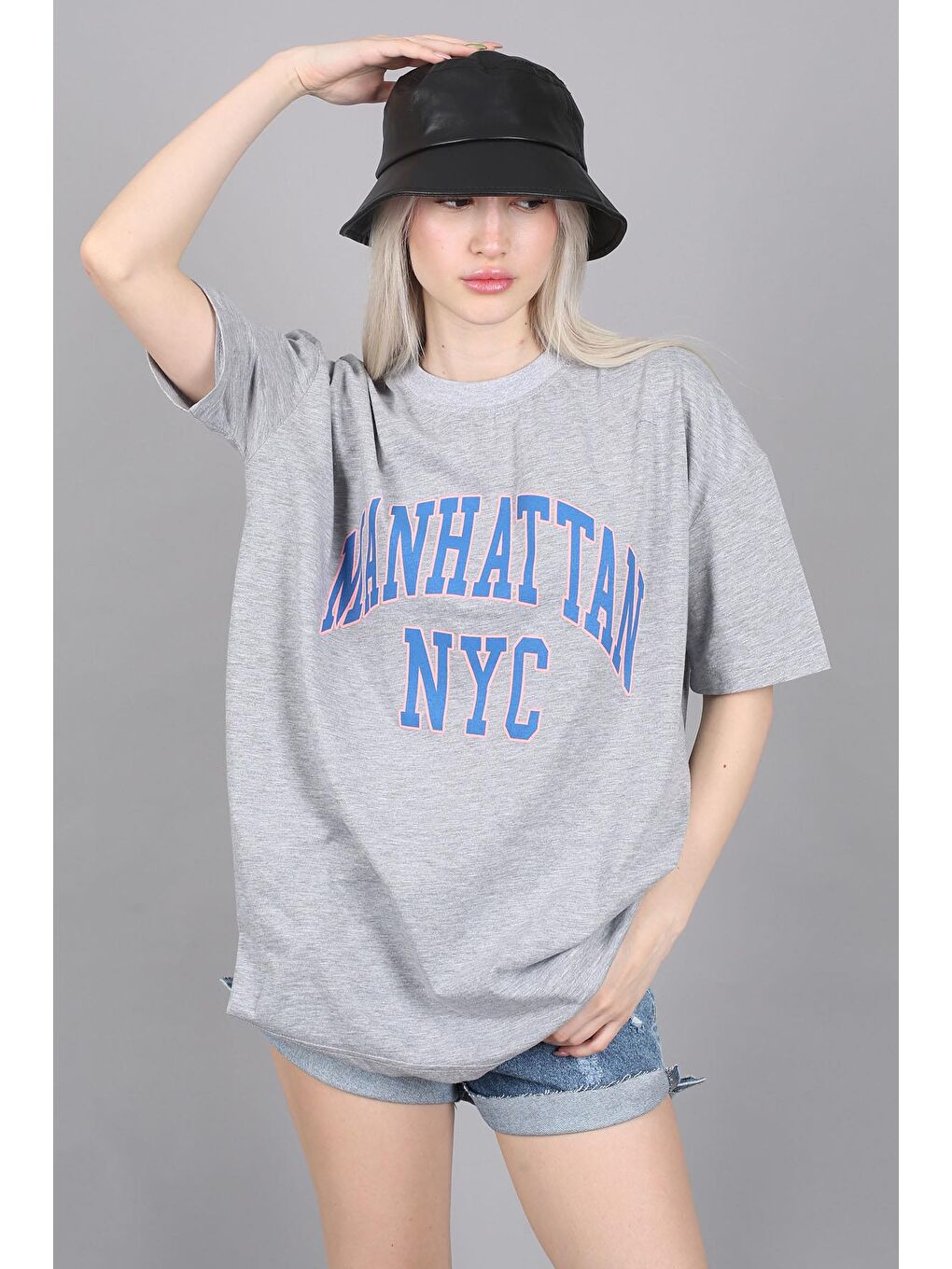 Kadın Gri Baskılı Oversize Tişört Mg1231