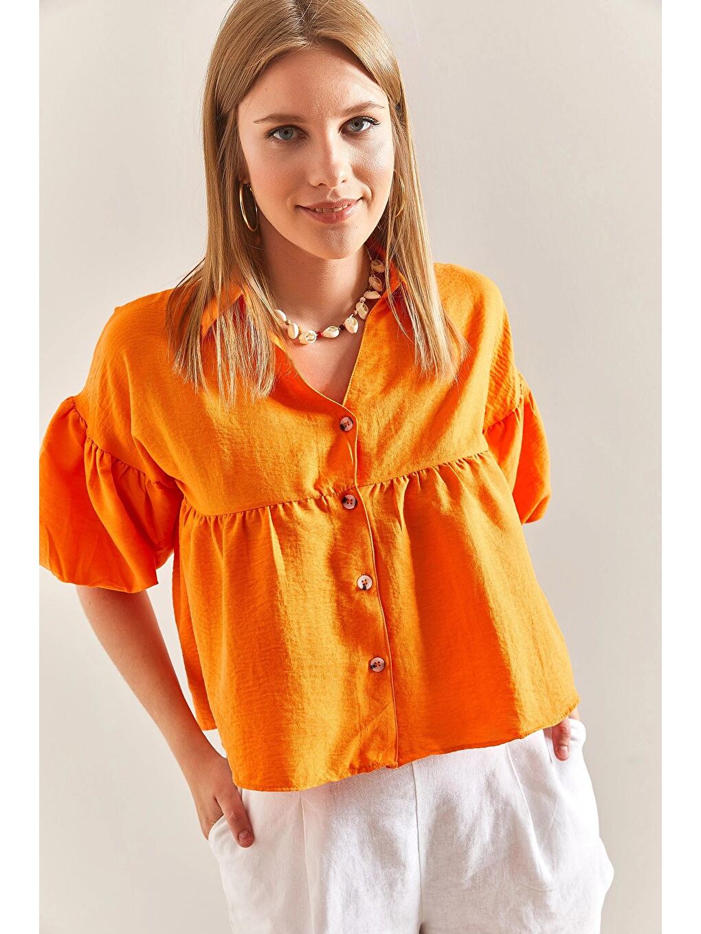 Turuncu Kadın Balon Kol Ayrobin Kumaş Gömlek-2