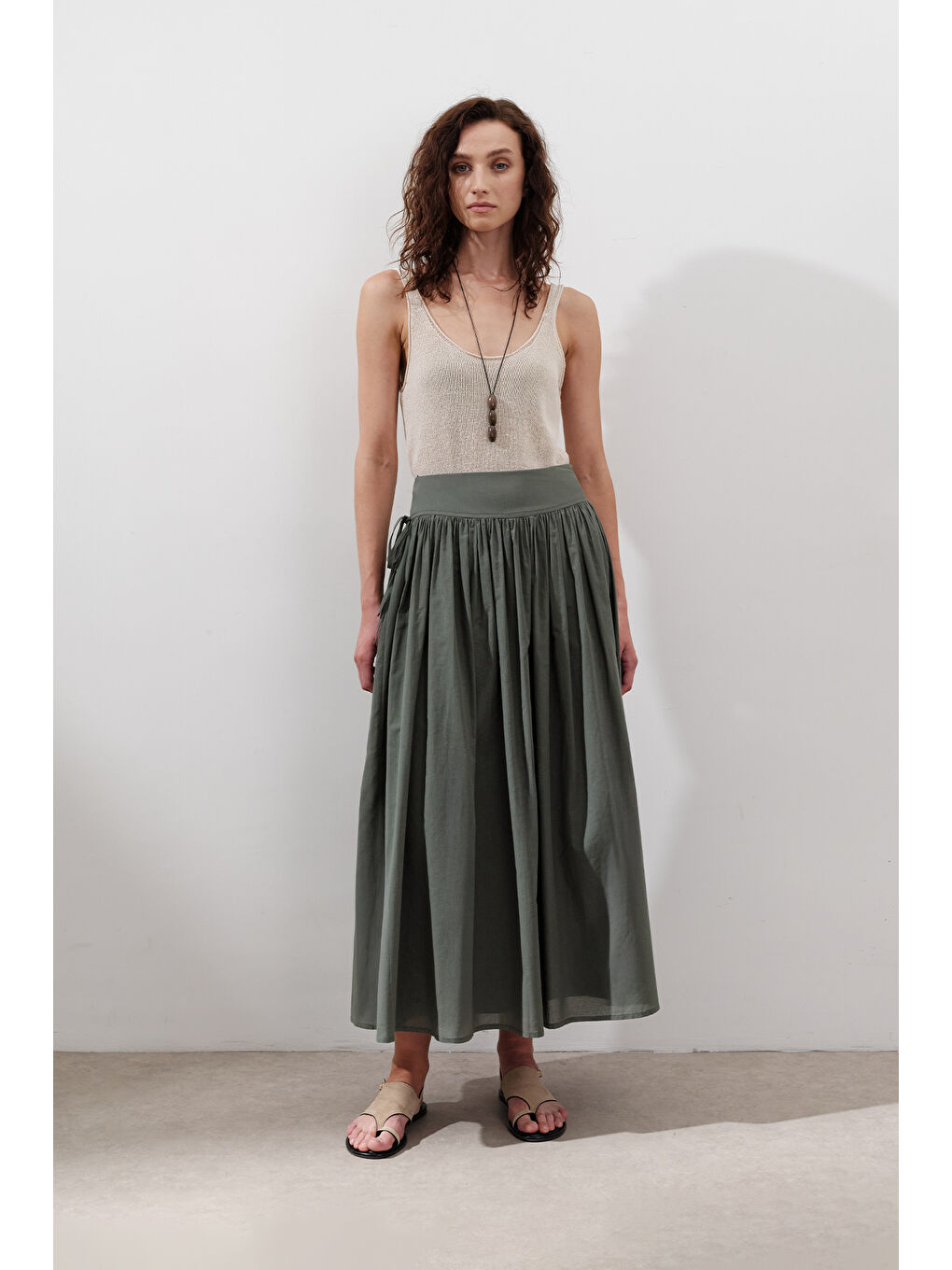 Bağlama Detaylı Geniş Etek Çam Yeşili-3