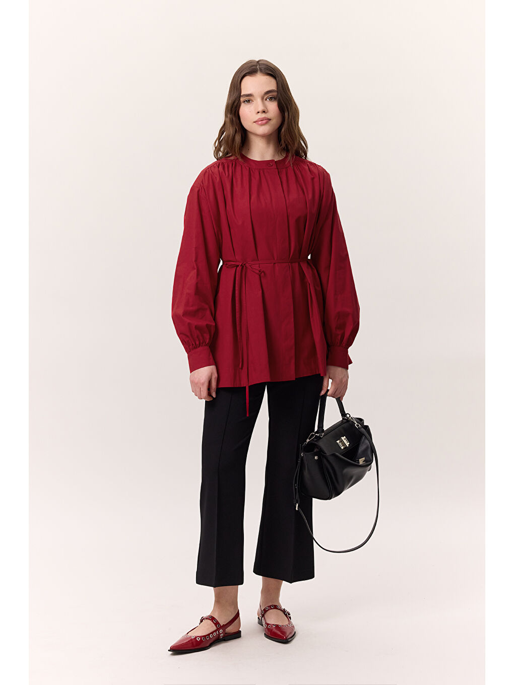 Büzgü Detaylı Geniş Gömlek Kırmızı-2