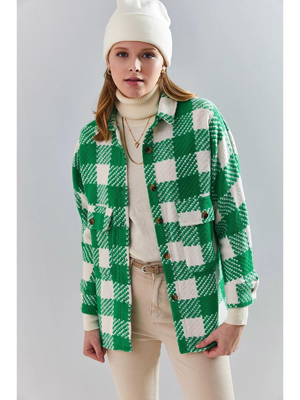 Yeşil Kadın Ekose Desenli Çift Cepli Oduncu Gömlek-3