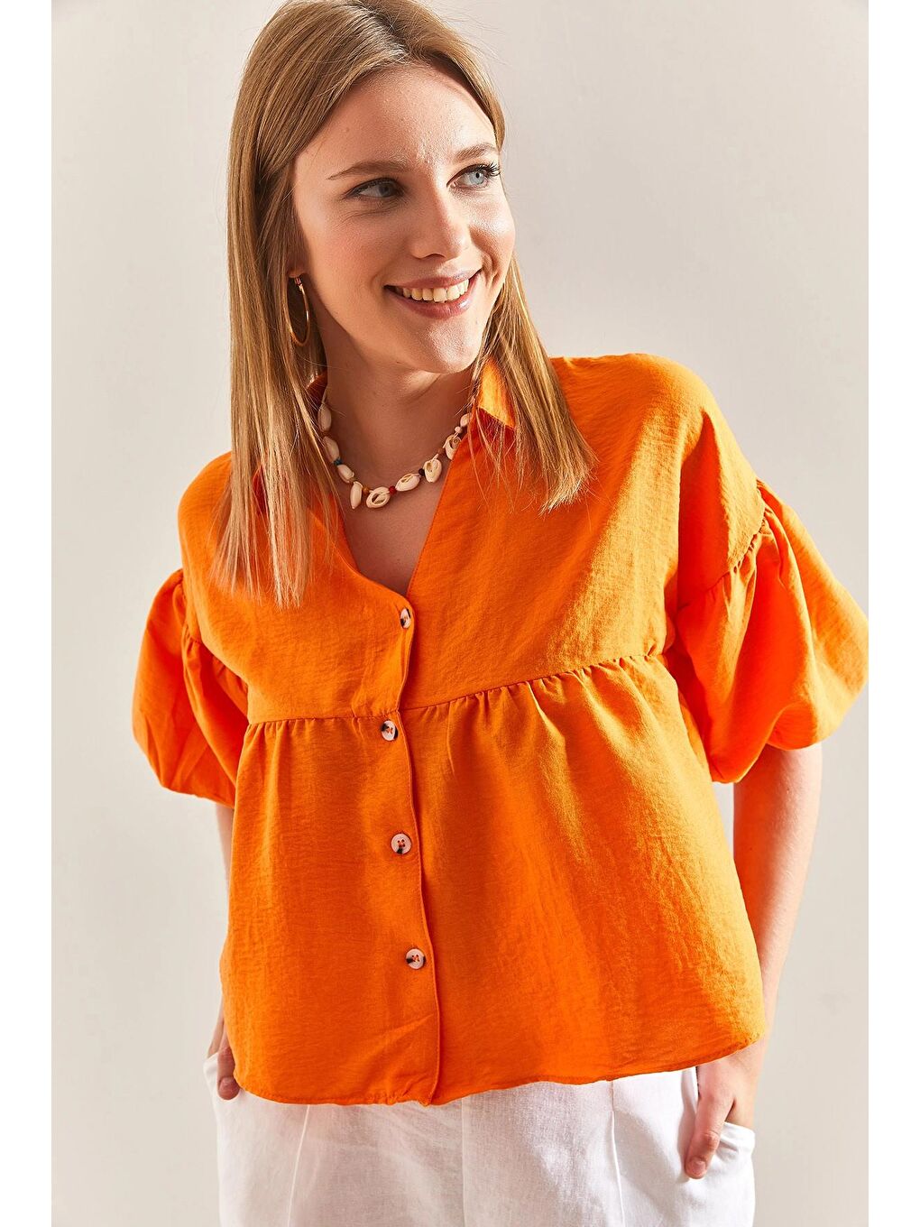 Turuncu Kadın Balon Kol Ayrobin Kumaş Gömlek-3