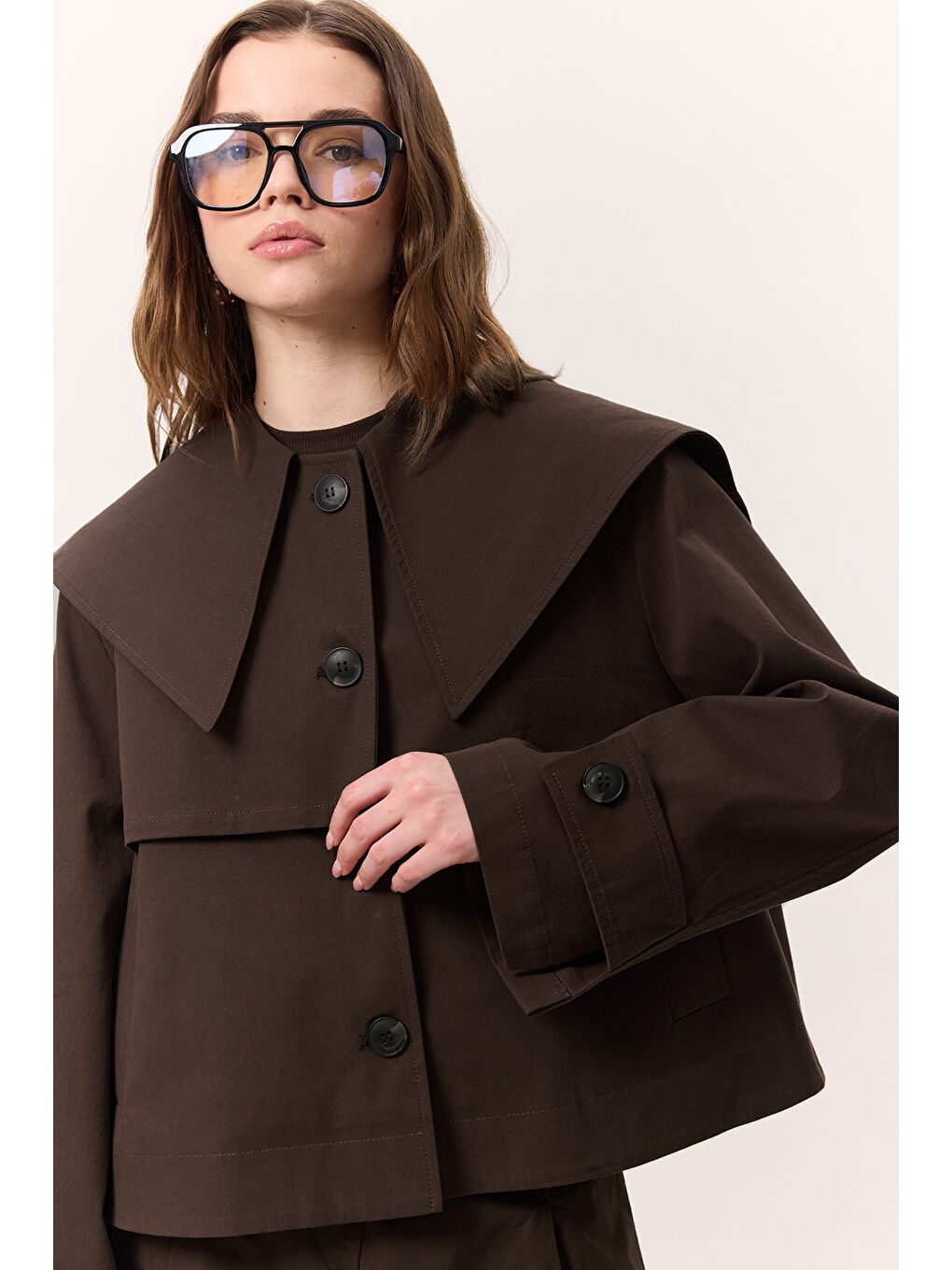 Geniş Yaka Gabardin Ceket Kahverengi-3