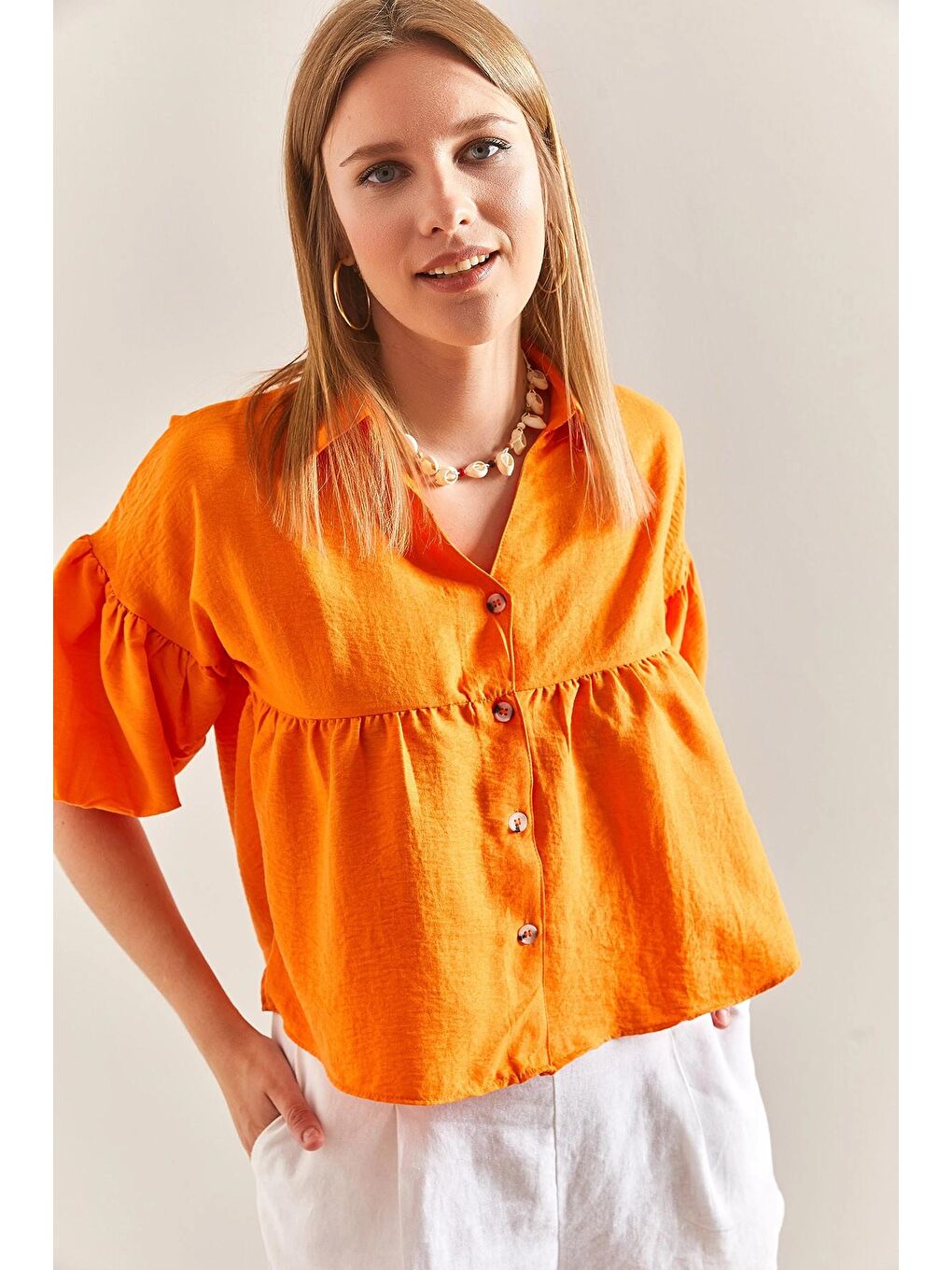 Turuncu Kadın Balon Kol Ayrobin Kumaş Gömlek-4
