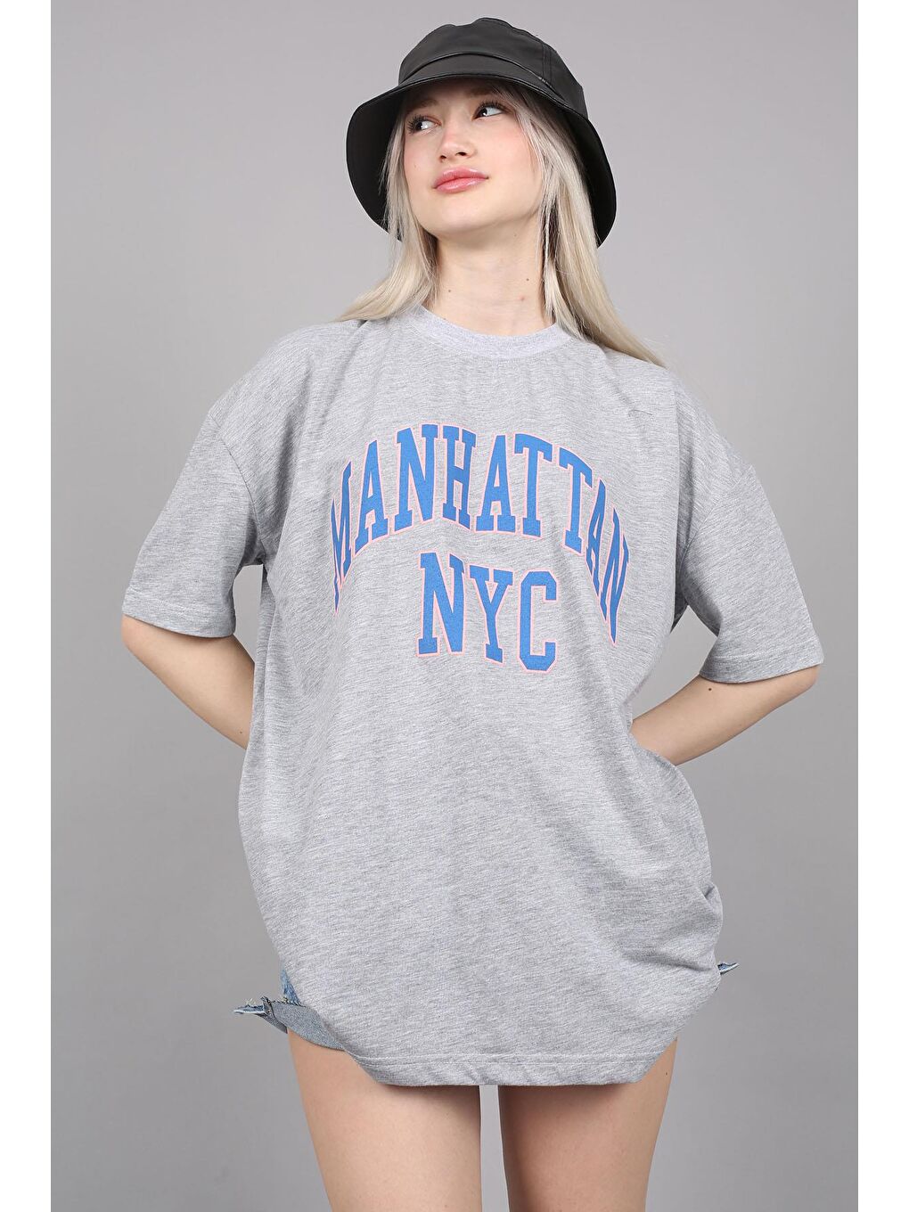 Kadın Gri Baskılı Oversize Tişört Mg1231-1