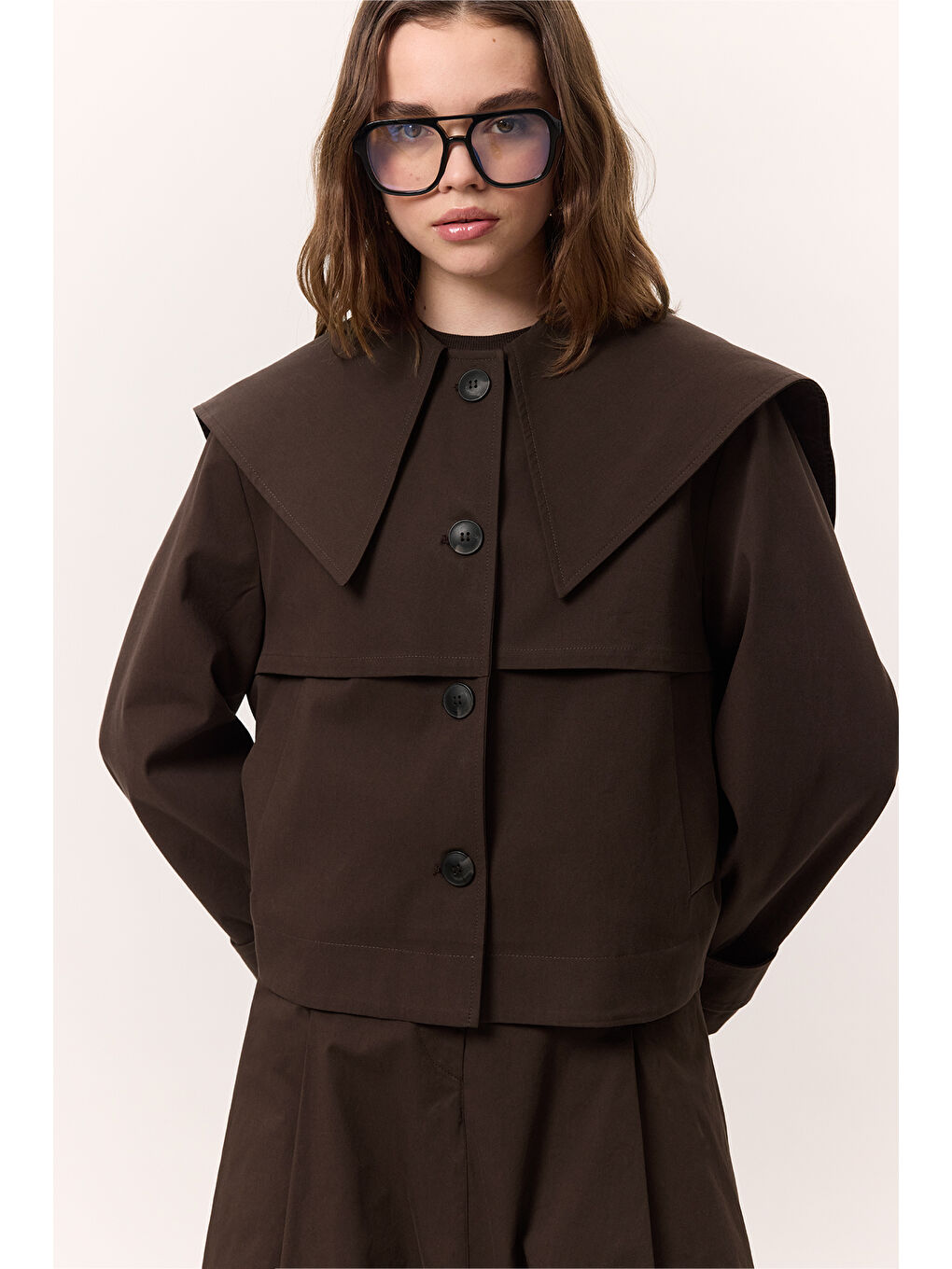 Geniş Yaka Gabardin Ceket Kahverengi-4