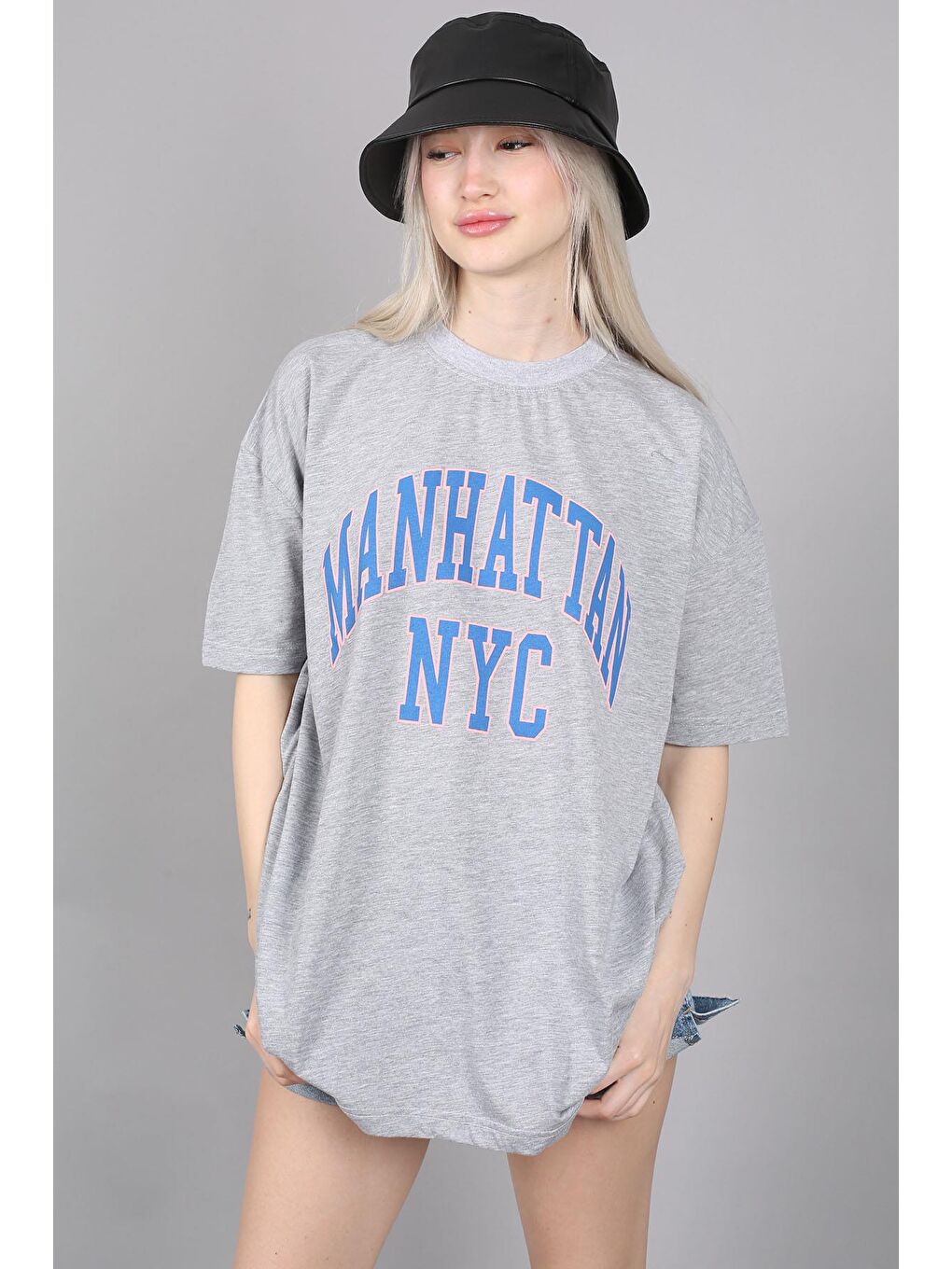 Kadın Gri Baskılı Oversize Tişört Mg1231-2