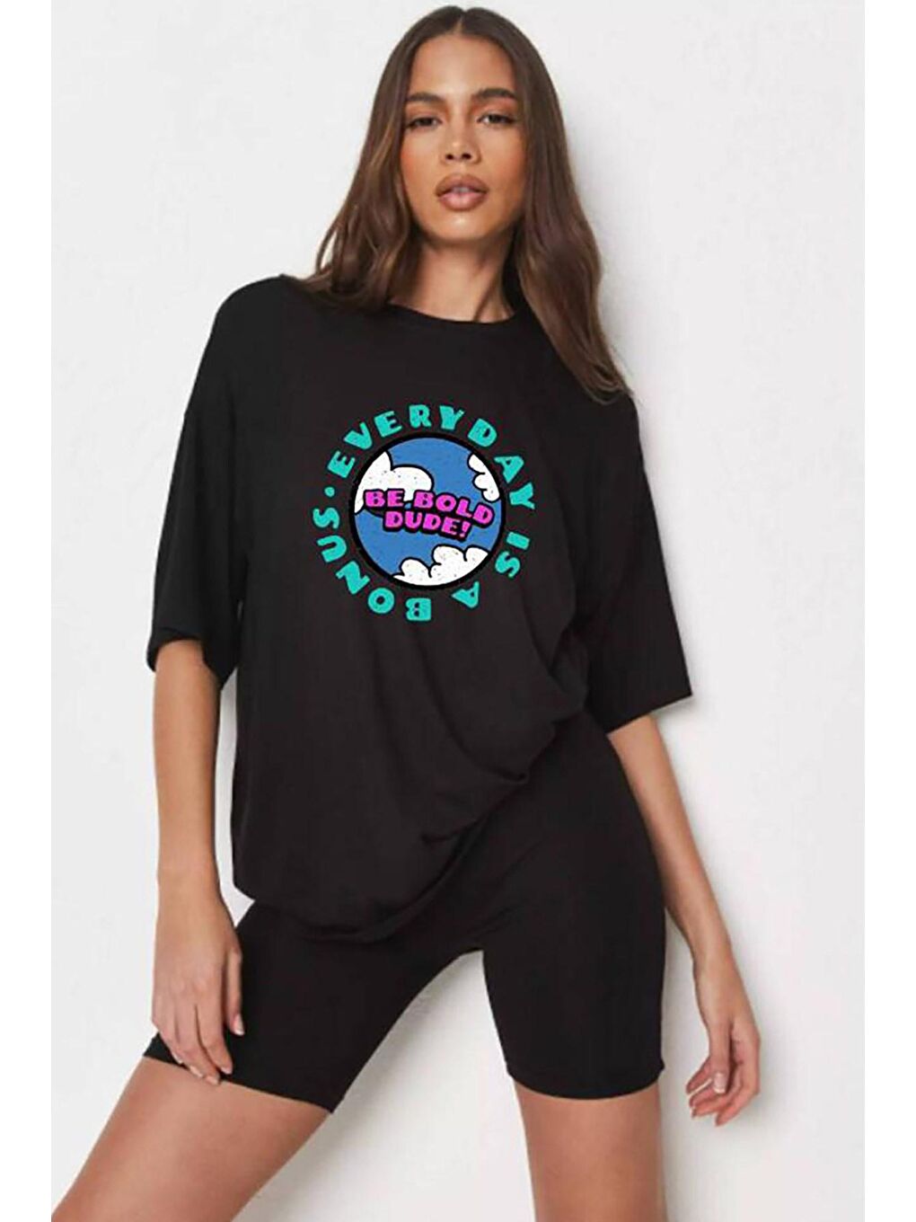 Kadın Siyah Baskılı Oversize Tişört Mg948