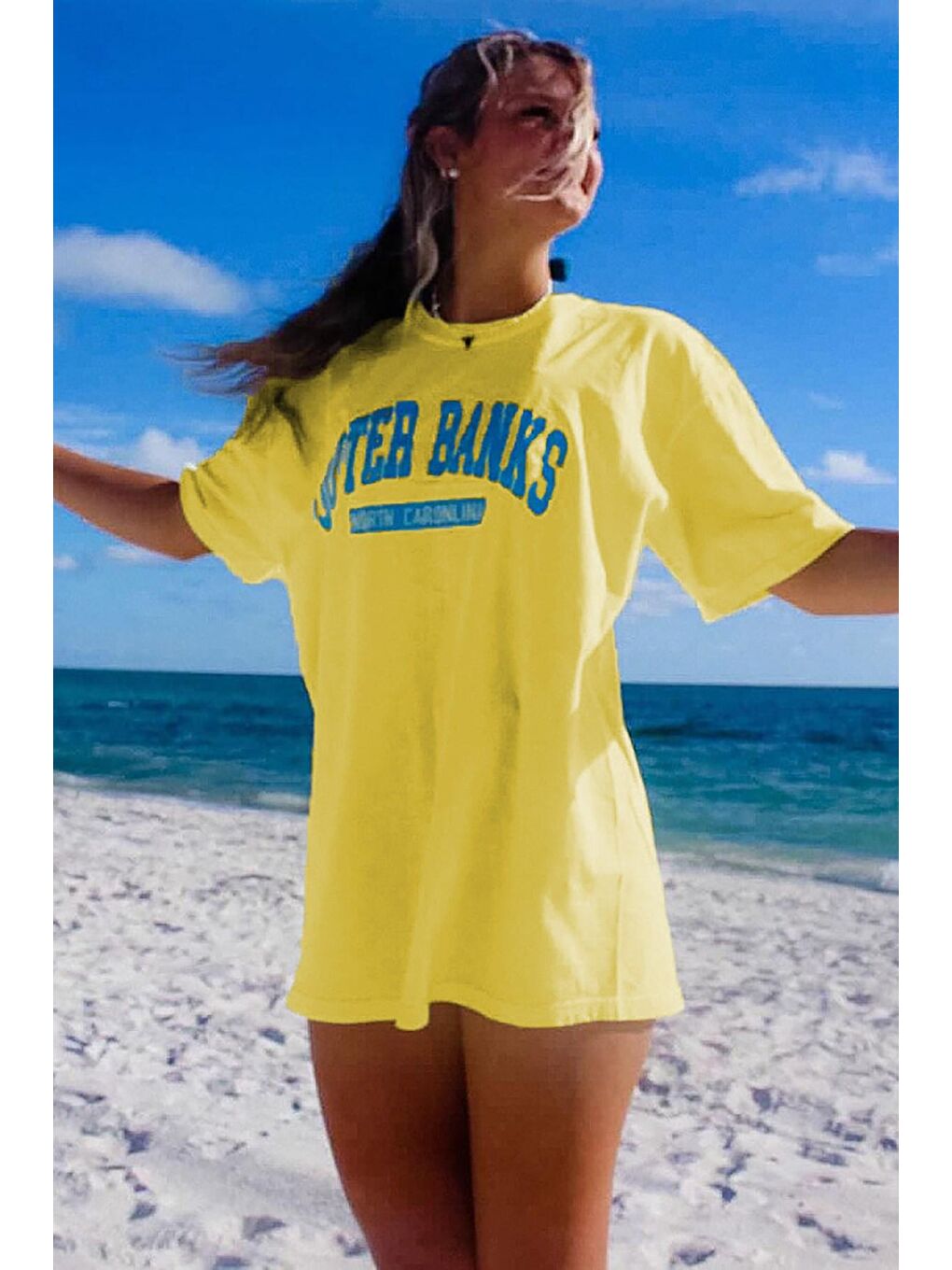 Sarı Baskılı Oversize Yuvarlak Yaka Kadın Tişört-4