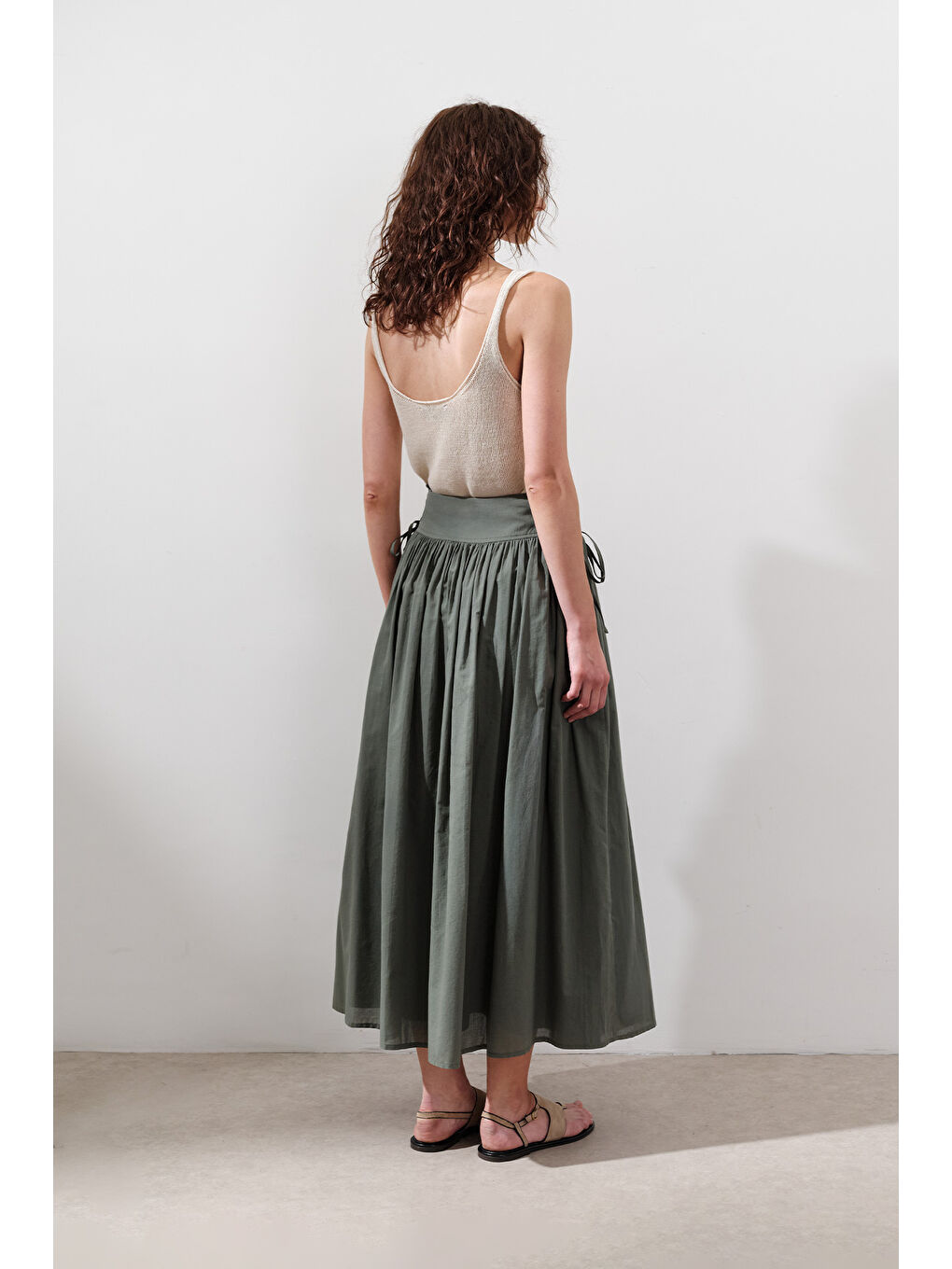 Bağlama Detaylı Geniş Etek Çam Yeşili-6