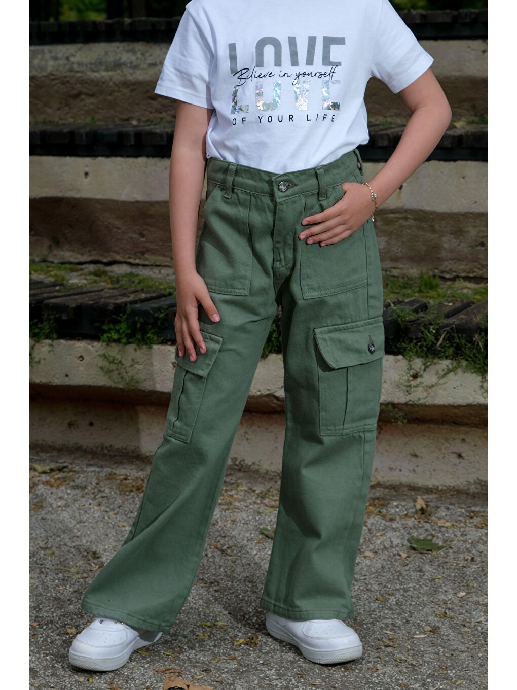 Turkuaz Kız Çocuk İspanyol Paça Keten Kargo Pantolon-4