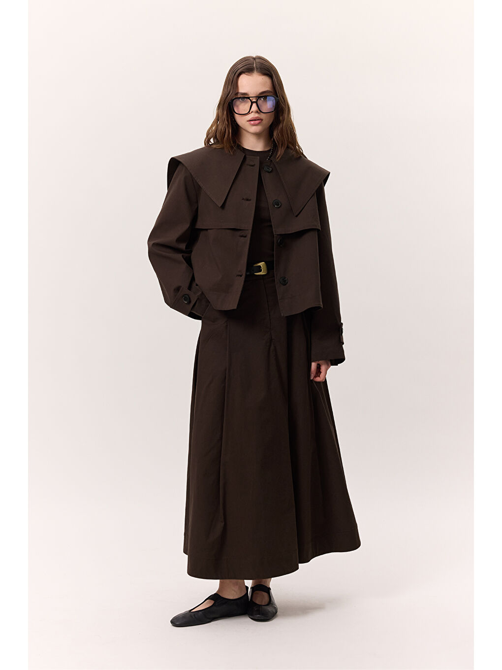 Geniş Yaka Gabardin Ceket Kahverengi-5