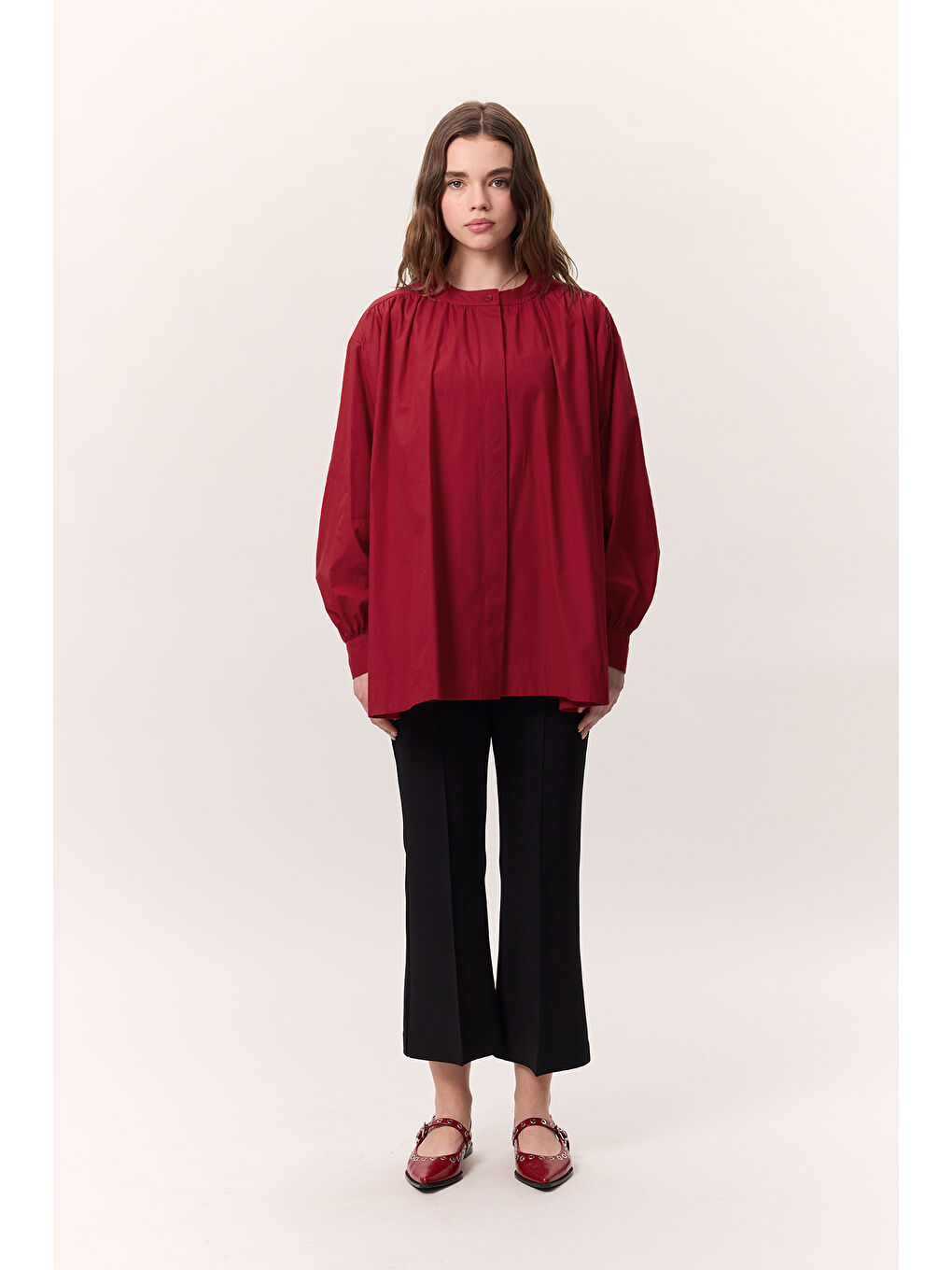 Büzgü Detaylı Geniş Gömlek Kırmızı-5