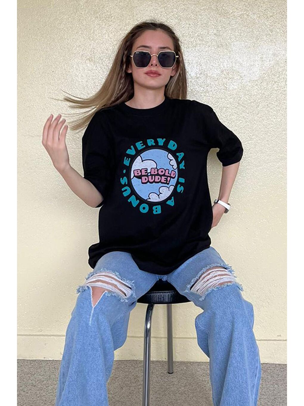 Kadın Siyah Baskılı Oversize Tişört Mg948-2