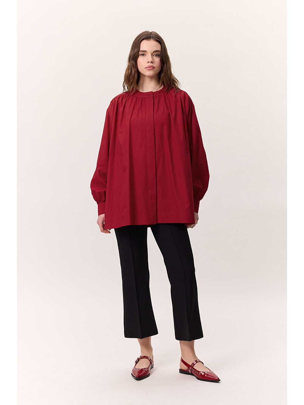 Büzgü Detaylı Geniş Gömlek Kırmızı-6