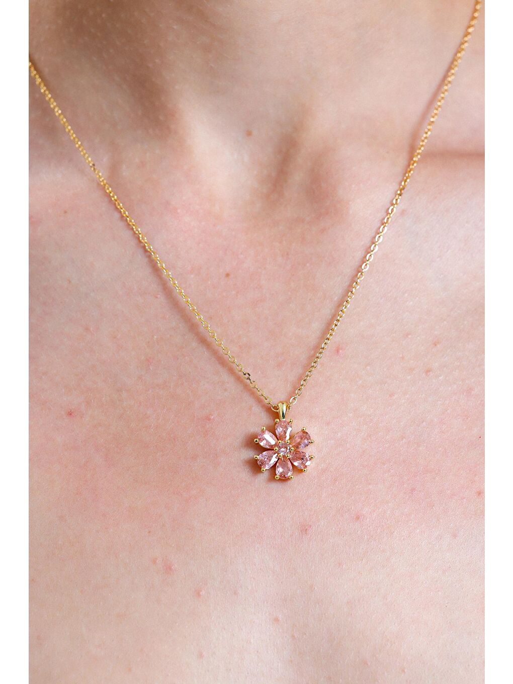 Sarı Altın Kaplam Pembe Damla Taşlı Çiçek Kolye-1