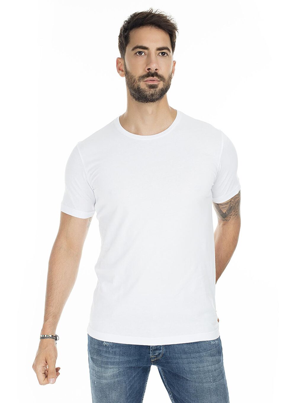 Beyaz Basic Bisiklet Yaka Slim Fit 2  Tişört 5722512O2-1