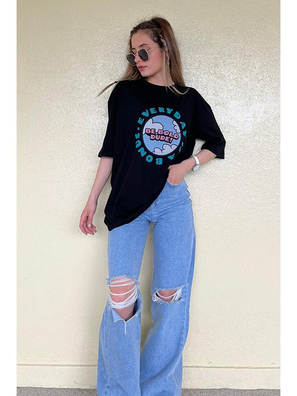 Kadın Siyah Baskılı Oversize Tişört Mg948-3