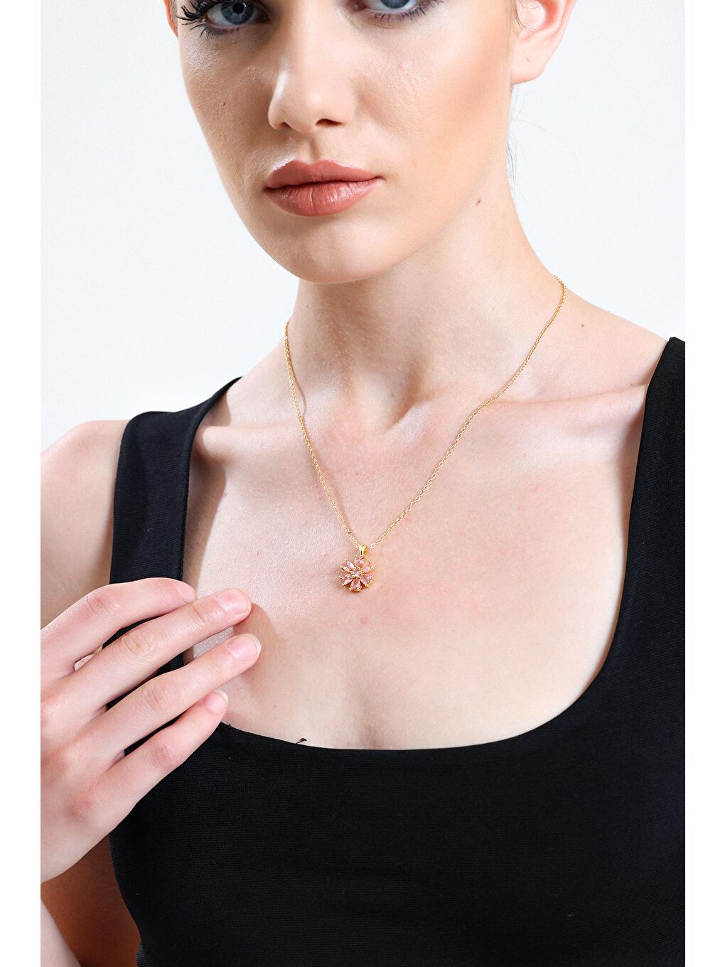 Sarı Altın Kaplam Pembe Damla Taşlı Çiçek Kolye-2