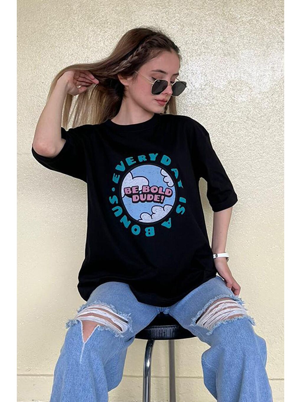 Kadın Siyah Baskılı Oversize Tişört Mg948-4