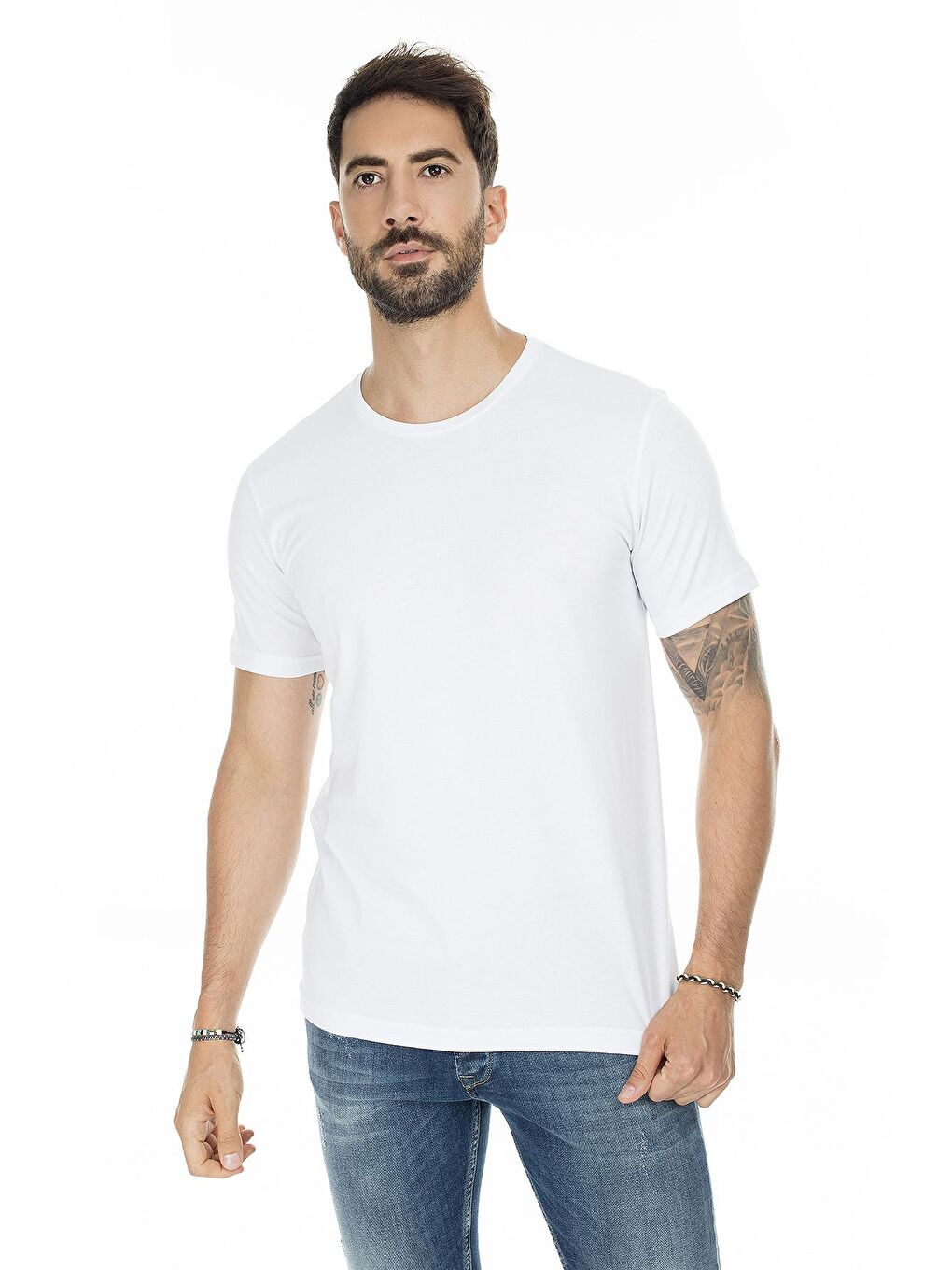Beyaz Basic Bisiklet Yaka Slim Fit 2  Tişört 5722512O2-3