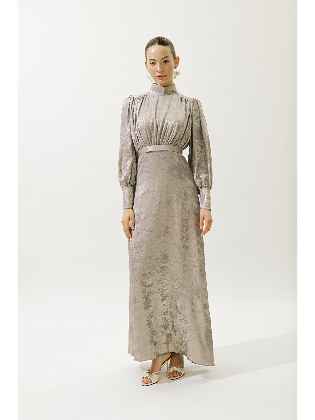 Gri Işıltılı Abiye Elbise Gümüş-1