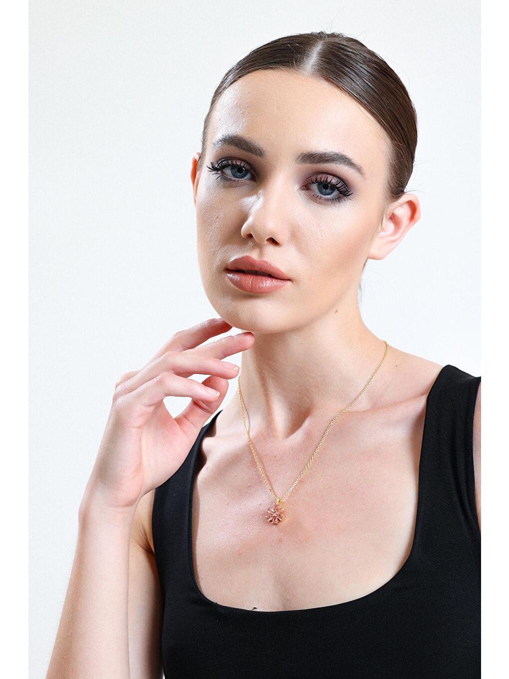 Sarı Altın Kaplam Pembe Damla Taşlı Çiçek Kolye-3