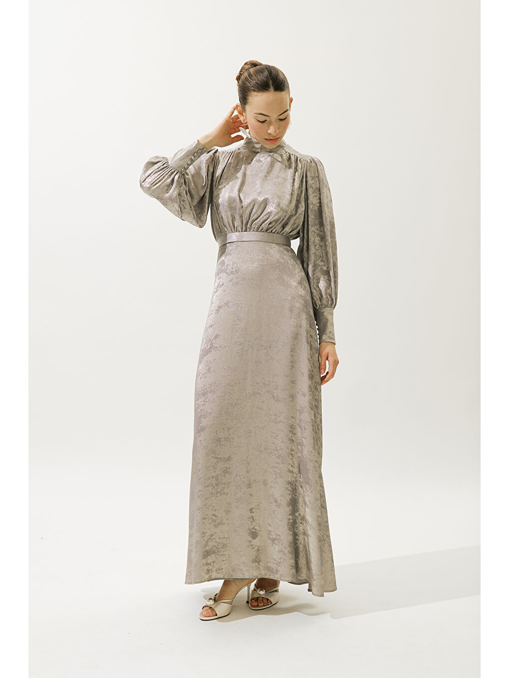 Gri Işıltılı Abiye Elbise Gümüş-2