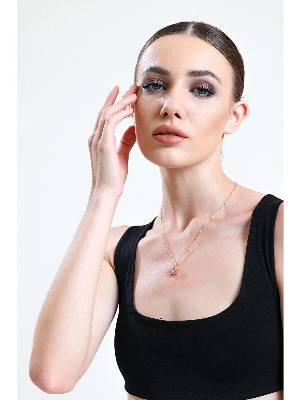 Sarı Altın Kaplam Pembe Damla Taşlı Çiçek Kolye-4