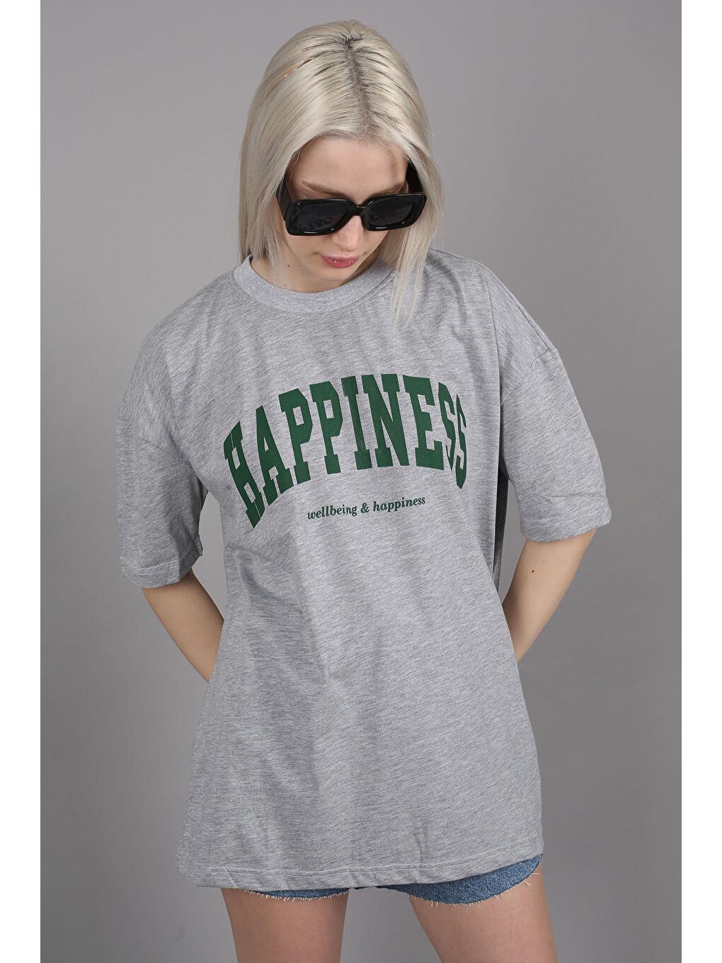 Kadın Gri Baskılı Oversize Tişört Mg1230-1