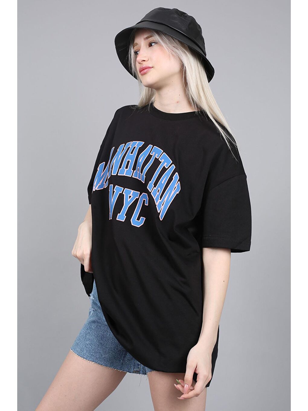 Kadın Siyah Baskılı Oversize Tişört Mg1231-1
