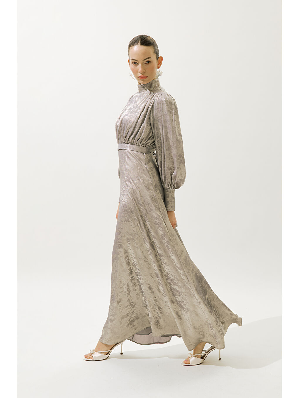Gri Işıltılı Abiye Elbise Gümüş-4