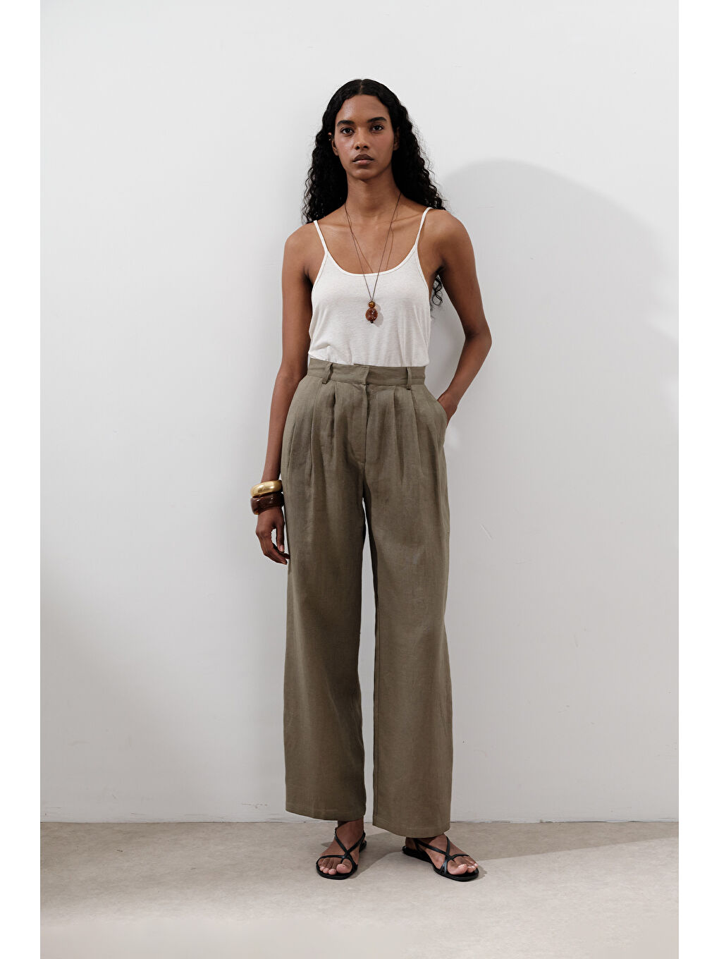 Keten Pileli Geniş Pantolon Haki-1