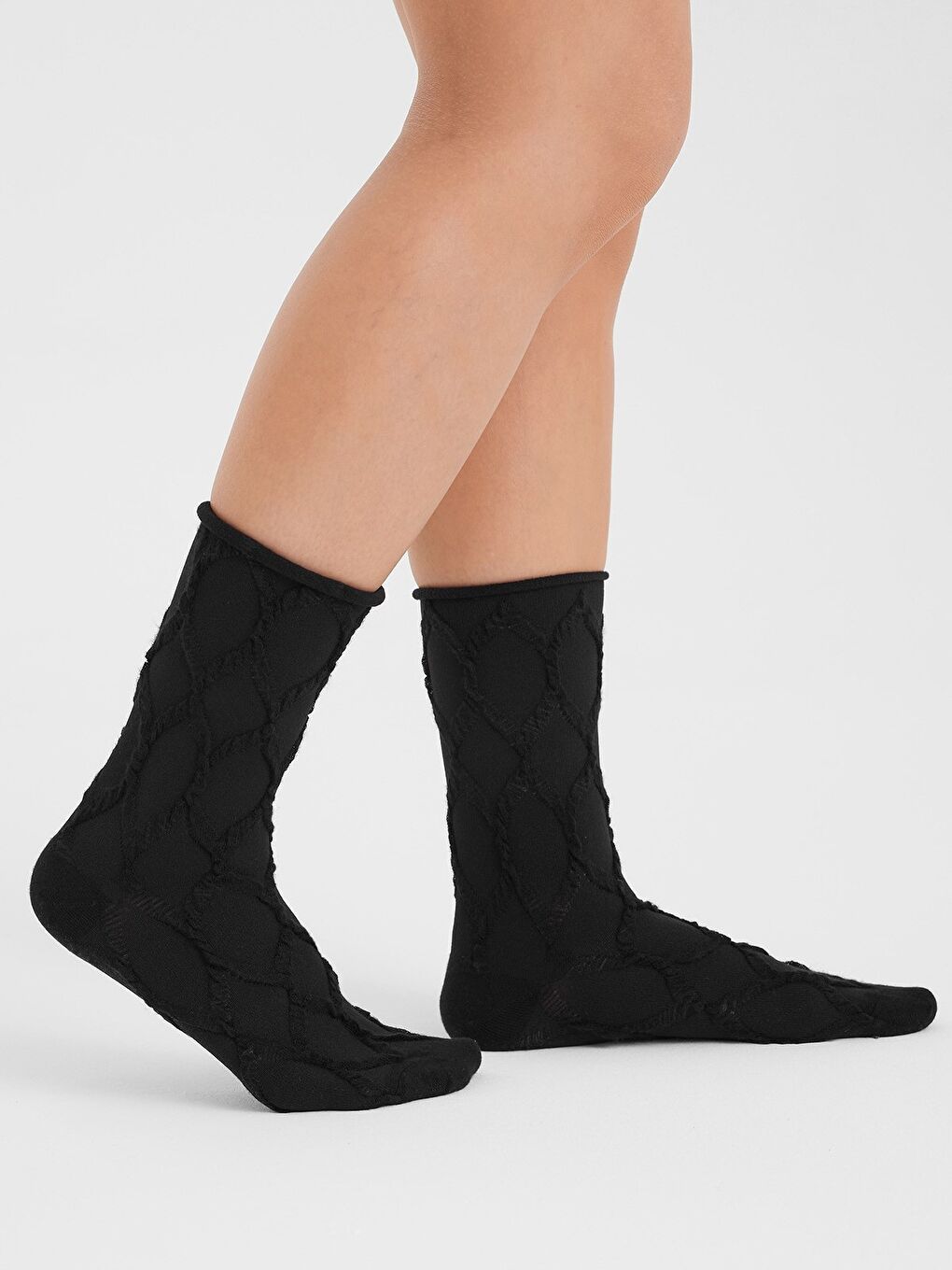 Siyah Kabartma Örgü Desenli Modal Lastiksiz Dikişsiz Kadın Soket Çorap 36-41-2
