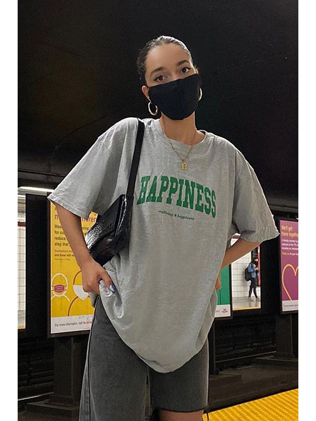 Kadın Gri Baskılı Oversize Tişört Mg1230-2