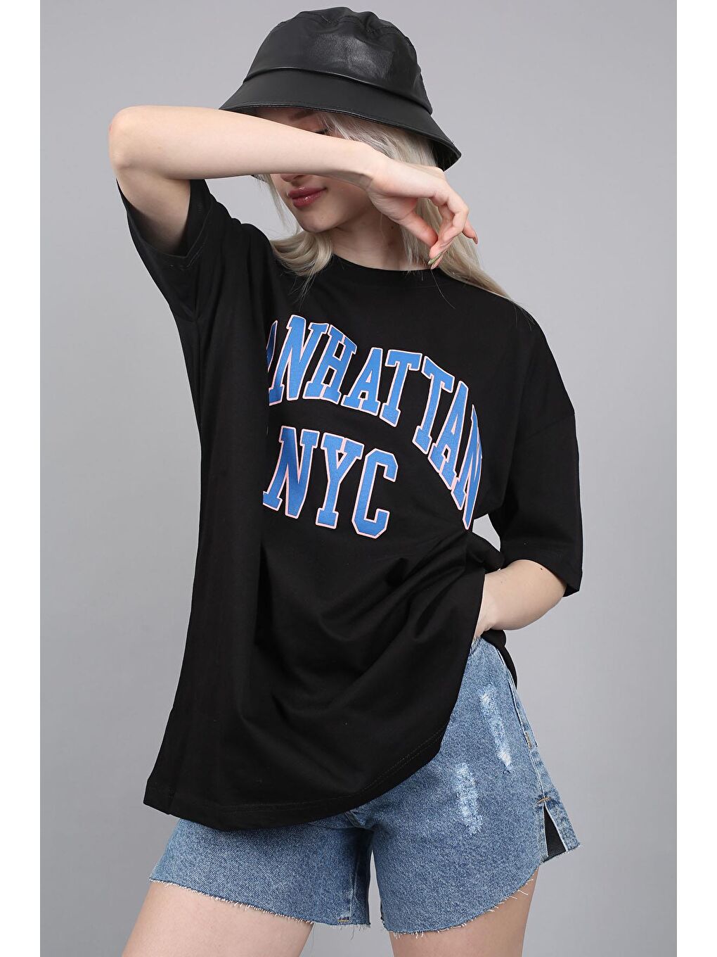 Kadın Siyah Baskılı Oversize Tişört Mg1231-2